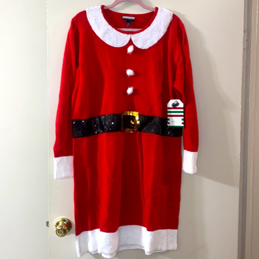 Never worn Santa sweater dress w/sequins & poof balls